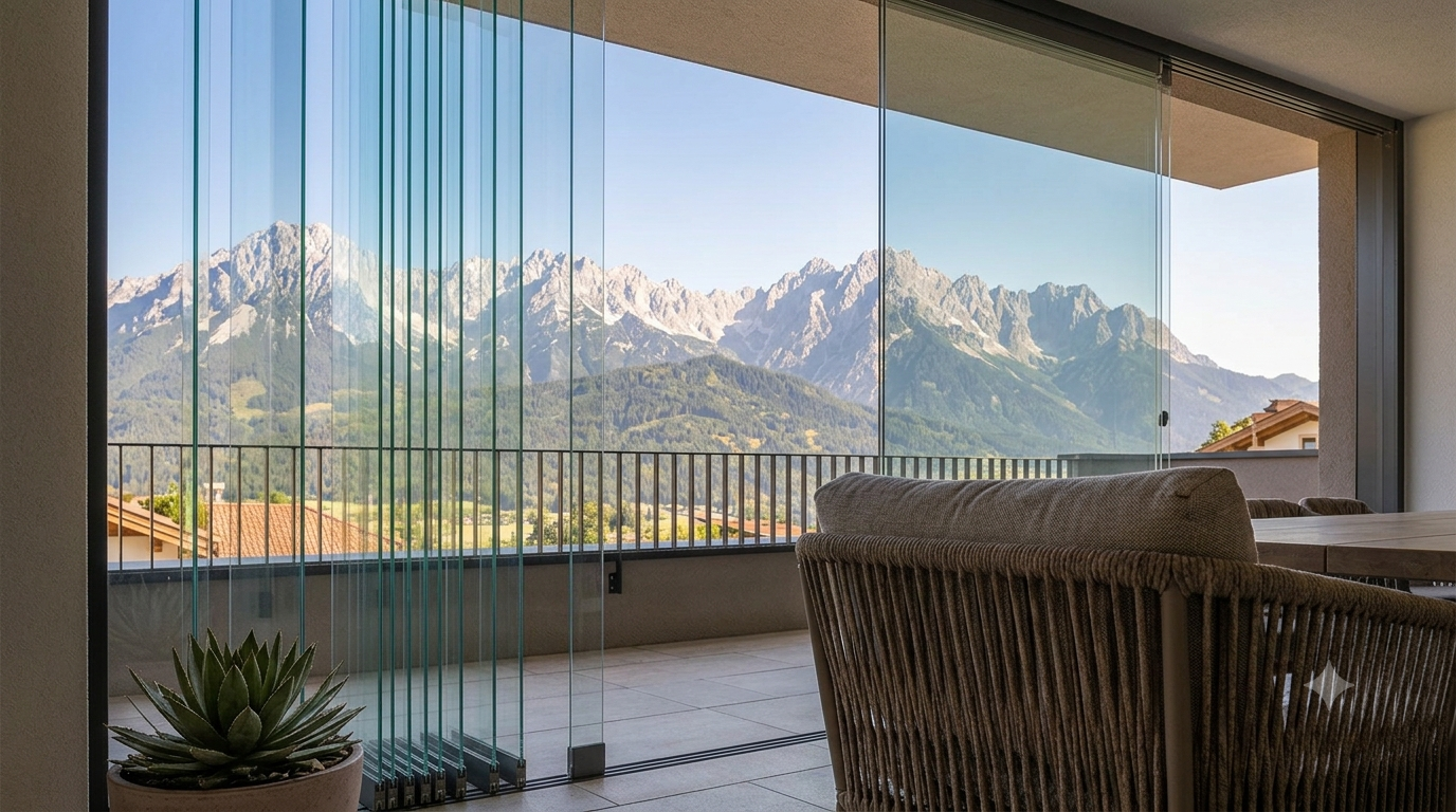Cortinas de cristal plegables en terraza con vistas a la montaña