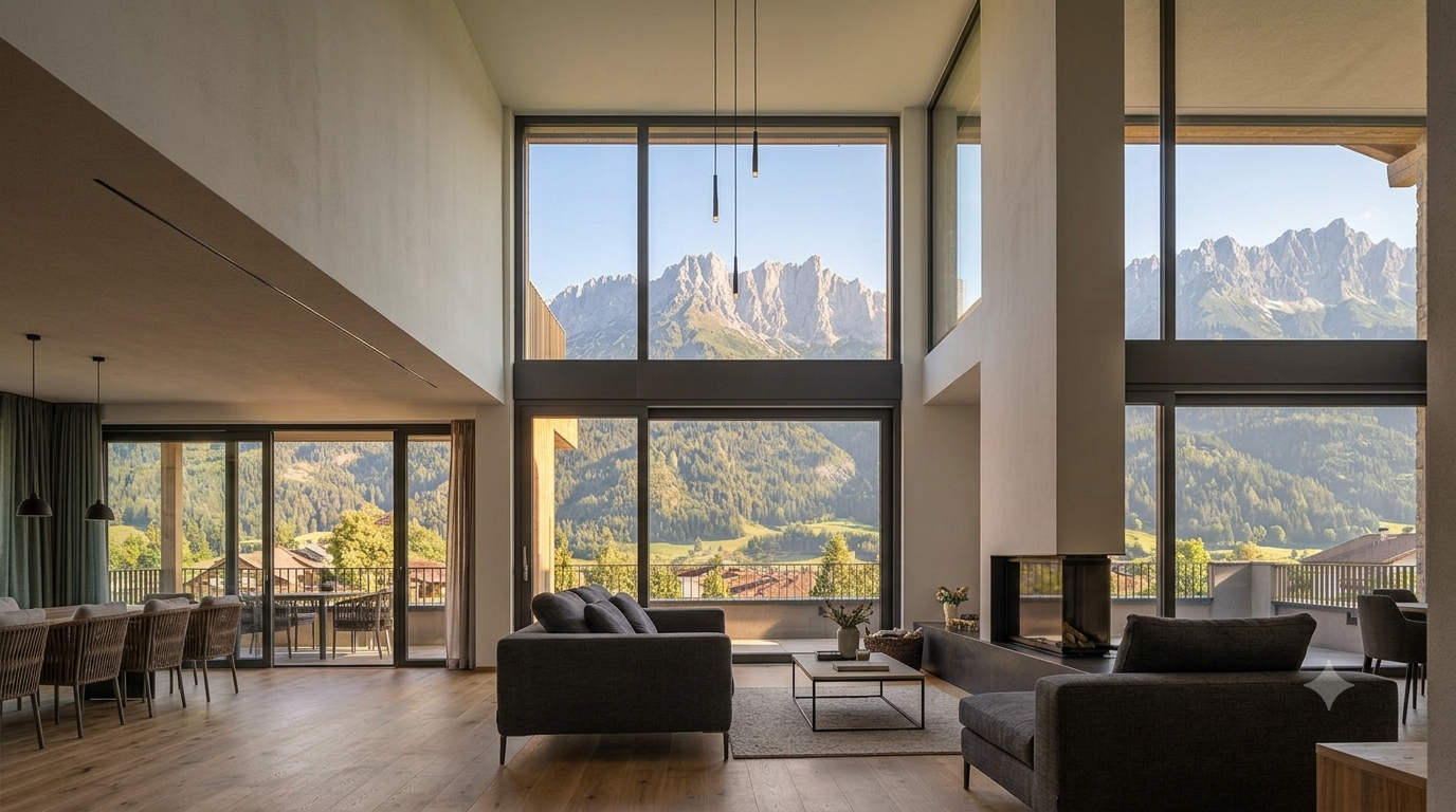 Ventanal de doble altura en salón moderno con vistas a la montaña