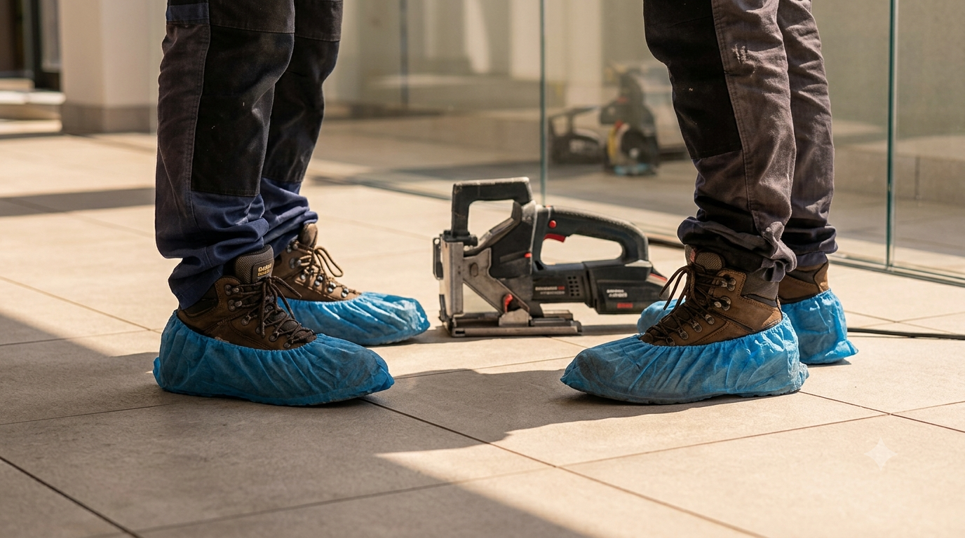 Operarios con cubre-zapatos azules trabajando en terraza
