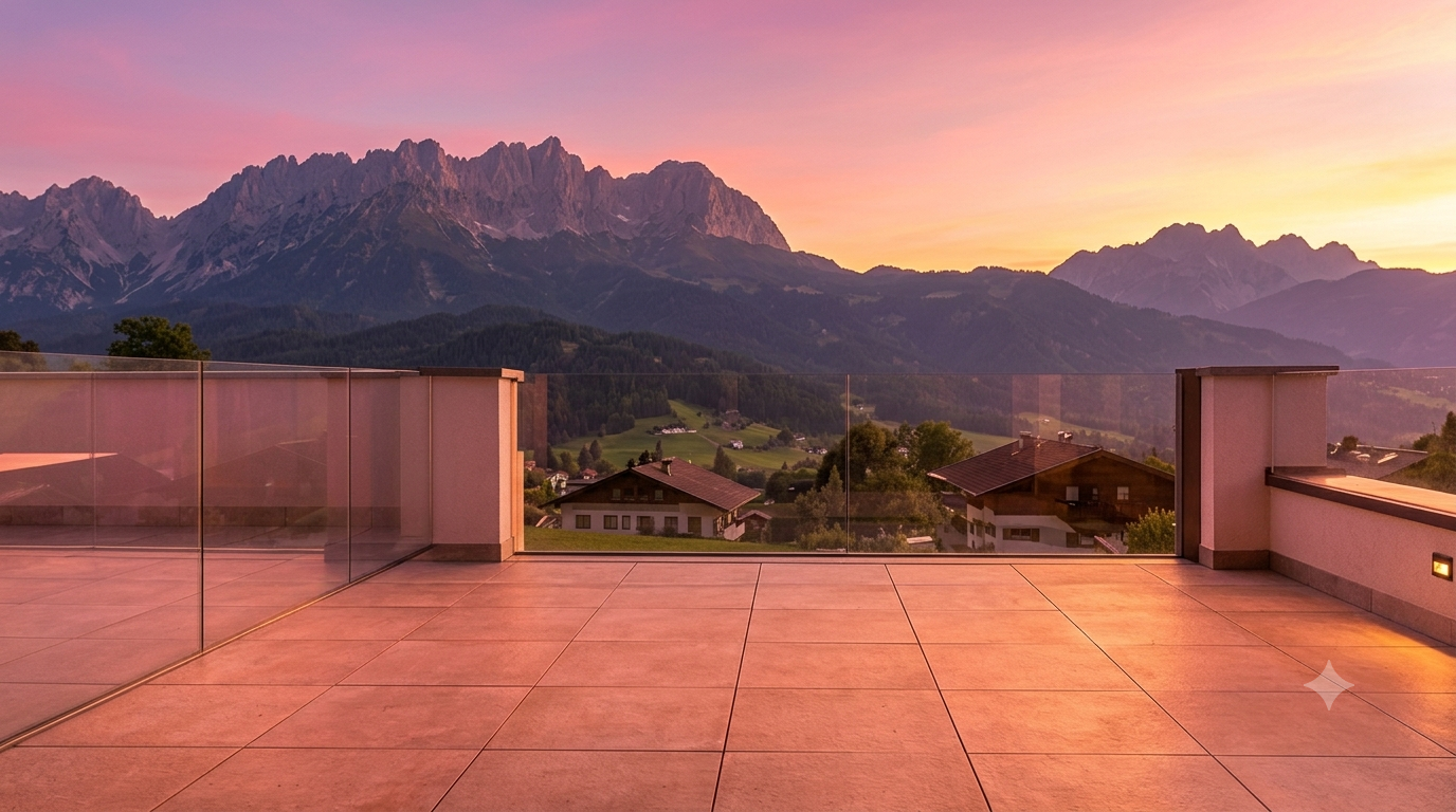 Terraza panorámica con barandilla de cristal y vistas a la montaña al atardecer
